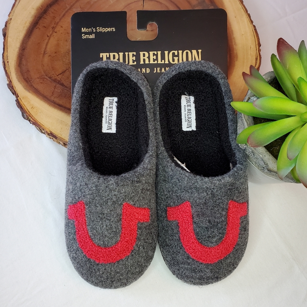 True Religion Mens Polar Performance Gray & Red Slip-on Soft Slippers Small